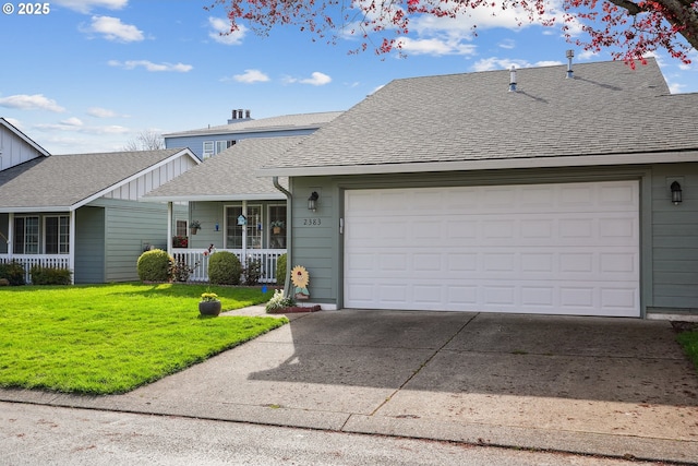 2383 SE 61st Ln, Hillsboro, OR 97123 - view of front of property featuring concrete driveway, a front lawn, roof with shingles, covered porch, and a garage