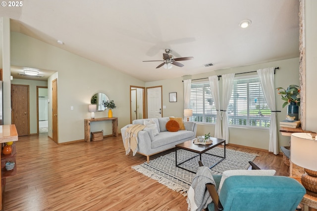2383 SE 61st Ln, Hillsboro, OR 97123 - living area featuring lofted ceiling, ceiling fan, light wood-type flooring, and baseboards