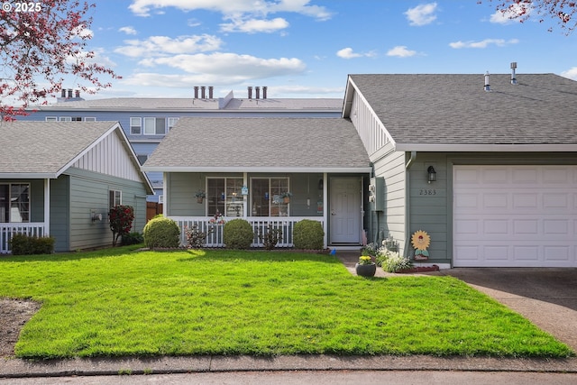 2383 SE 61st Ln, Hillsboro, OR 97123 - view of front of house with covered porch, a front yard, an attached garage, and a shingled roof