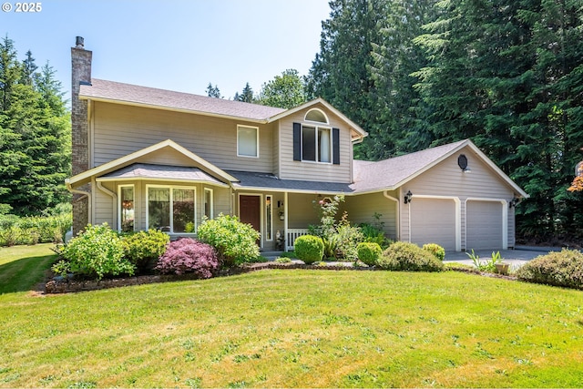 230 S Maple Hill Rd, Kelso, WA 98626 - traditional-style house with a chimney, a garage, covered porch, a front lawn, and driveway