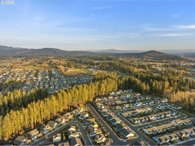 drone / aerial view featuring a mountain view