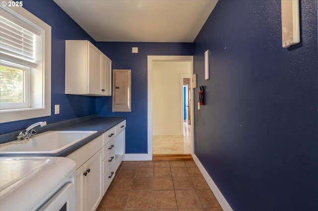 2318 Liberty St, North Bend, OR 97459 - kitchen featuring a sink, white cabinets, electric panel, and baseboards