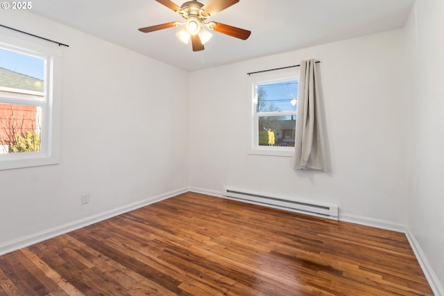 unfurnished room with wood-type flooring, ceiling fan, and baseboard heating