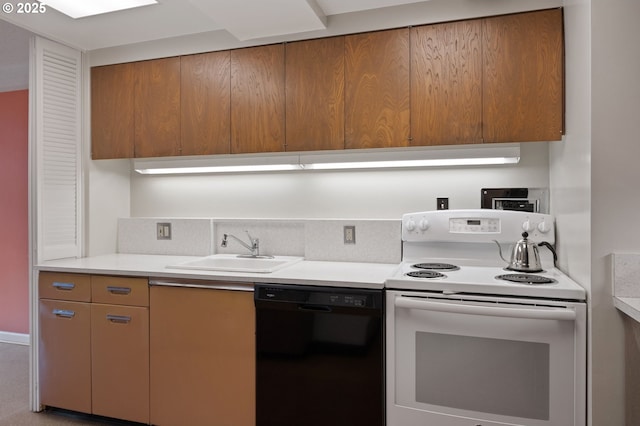 kitchen featuring a sink, light countertops, black dishwasher, white electric range, and brown cabinets