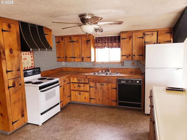 72584 Yarrington Rd, Elgin, OR 97827 - kitchen featuring white appliances, exhaust hood, a sink, ceiling fan, and brown cabinetry