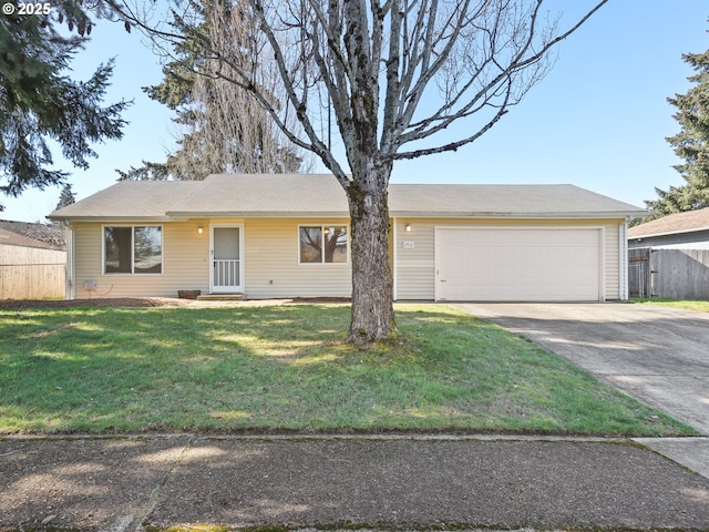 single story home featuring a garage, concrete driveway, a front yard, and fence