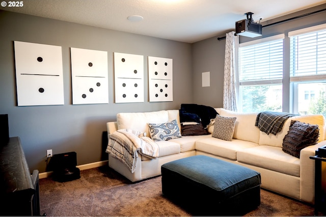 carpeted living room featuring a mail area