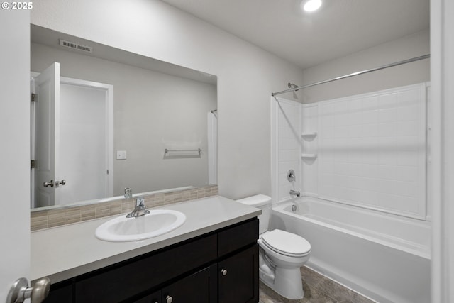 full bathroom with tasteful backsplash, vanity, toilet, and tub / shower combination