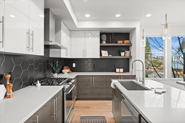 kitchen with appliances with stainless steel finishes, wall chimney exhaust hood, a sink, modern cabinets, and light countertops