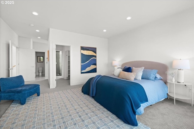 carpeted bedroom featuring recessed lighting and baseboards