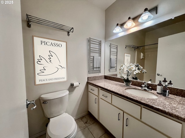 bathroom with a shower, toilet, and vanity