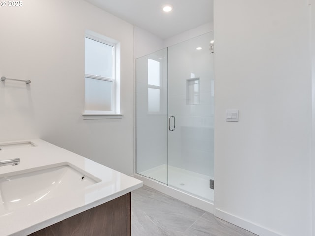 356 NW 29th Way, Battle Ground, WA 98604 - full bathroom featuring a stall shower, double vanity, and recessed lighting