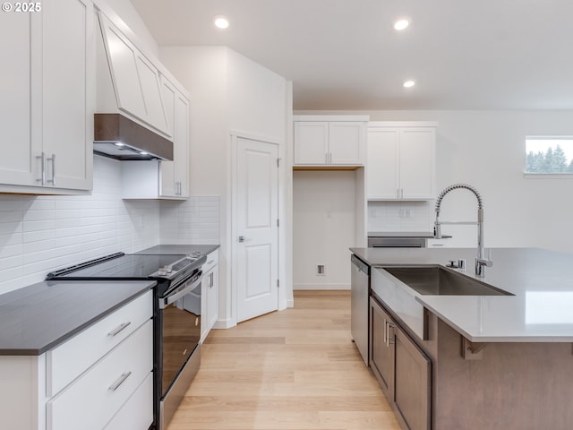 356 NW 29th Way, Battle Ground, WA 98604 - kitchen with range with electric cooktop, stainless steel dishwasher, light wood-type flooring, a sink, and backsplash