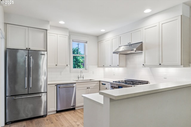 kitchen featuring appliances with stainless steel finishes, under cabinet range hood, a sink, a peninsula, and light wood-type flooring