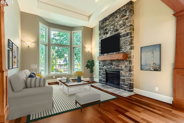 14702 SE Badger Creek Rd, Happy Valley, OR 97086 - living area with a fireplace, wood finished floors, plenty of natural light, and a raised ceiling