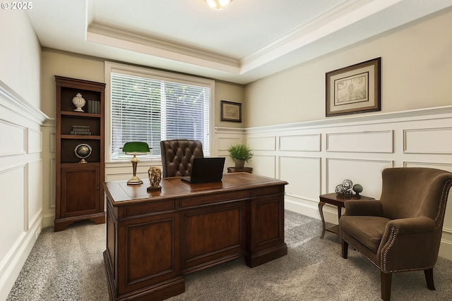 14702 SE Badger Creek Rd, Happy Valley, OR 97086 - office space with a decorative wall, light carpet, crown molding, and a raised ceiling