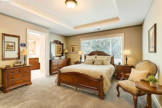 14702 SE Badger Creek Rd, Happy Valley, OR 97086 - bedroom with a tray ceiling, light carpet, crown molding, and connected bathroom