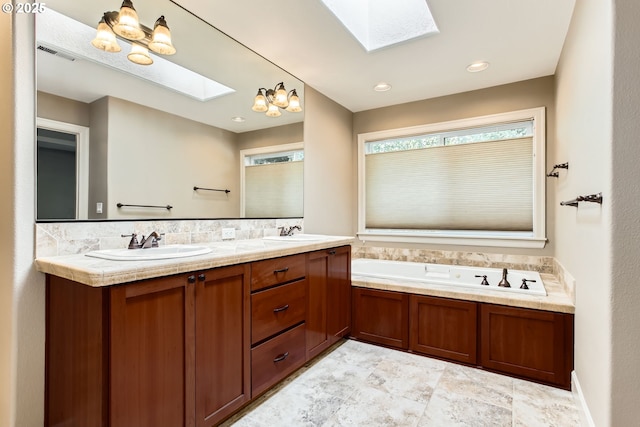 14702 SE Badger Creek Rd, Happy Valley, OR 97086 - full bath featuring a skylight, a chandelier, double vanity, and a bath