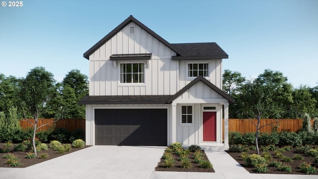 modern farmhouse style home featuring an attached garage, fence, concrete driveway, roof with shingles, and board and batten siding