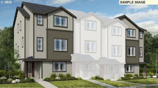 view of property with a front lawn and board and batten siding