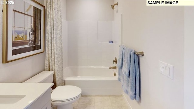 full bath with tile patterned floors, toilet, shower / bath combo with shower curtain, and vanity