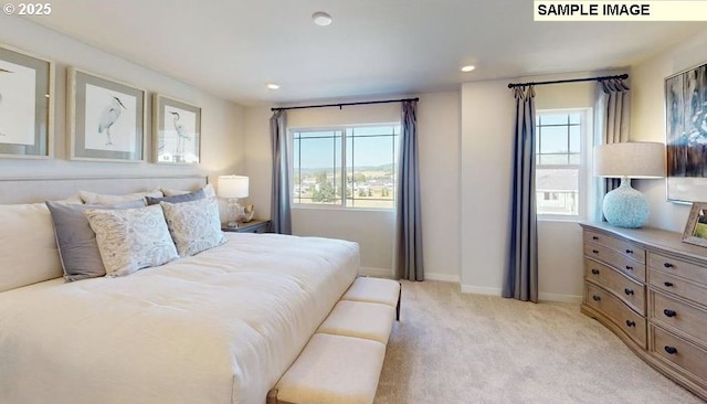 bedroom with light carpet, recessed lighting, and baseboards