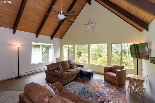 1896 W Park Dr, Florence, OR 97439 - living room featuring a baseboard radiator, wood ceiling with exposed beams, wood finished floors, high vaulted ceiling, and plenty of natural light