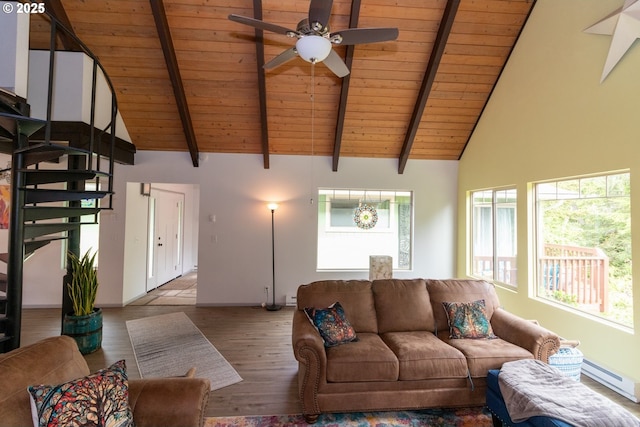 1896 W Park Dr, Florence, OR 97439 - living room with wooden ceiling with exposed beams, wood finished floors, a ceiling fan, high vaulted ceiling, and a baseboard heating unit