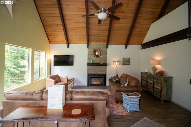 1896 W Park Dr, Florence, OR 97439 - living room with wood ceiling with exposed beams, a fireplace, wood finished floors, high vaulted ceiling, and a ceiling fan