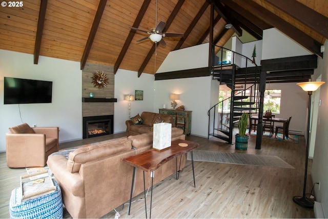 1896 W Park Dr, Florence, OR 97439 - living area with stairway, high vaulted ceiling, wooden ceiling with exposed beams, wood finished floors, and a fireplace