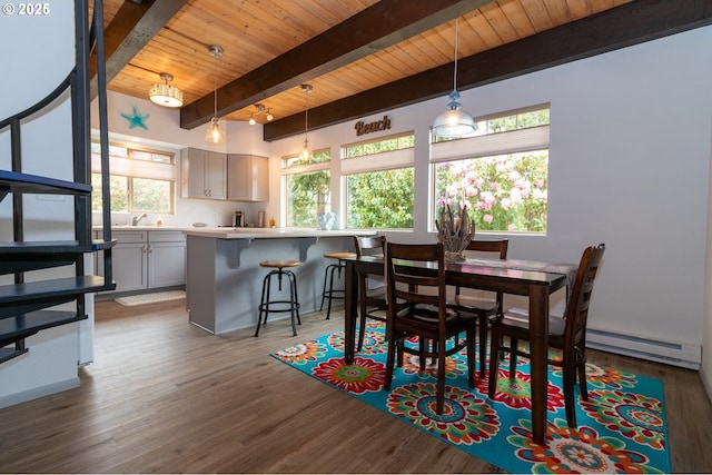 1896 W Park Dr, Florence, OR 97439 - dining room with wood ceiling with exposed beams, a baseboard radiator, and wood finished floors
