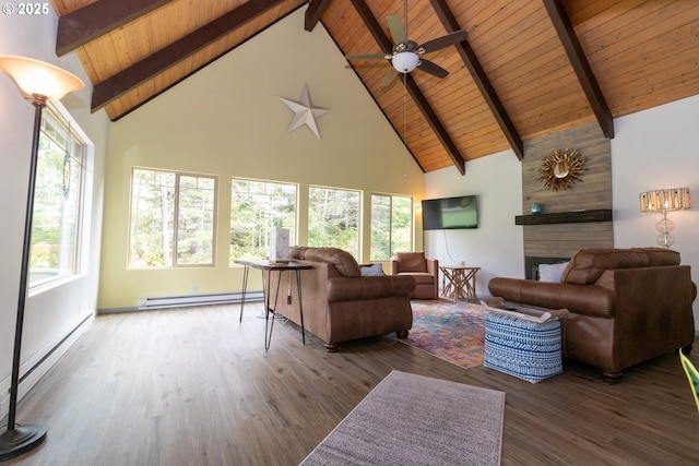 1896 W Park Dr, Florence, OR 97439 - living area featuring baseboard heating, wooden ceiling with exposed beams, high vaulted ceiling, wood finished floors, and a ceiling fan