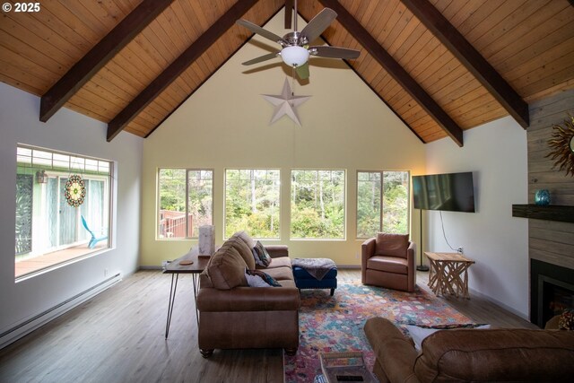 1896 W Park Dr, Florence, OR 97439 - living room with a baseboard heating unit, wooden ceiling with exposed beams, high vaulted ceiling, wood finished floors, and a ceiling fan
