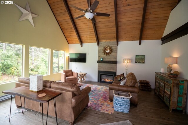 1896 W Park Dr, Florence, OR 97439 - living area featuring wooden ceiling with exposed beams, high vaulted ceiling, a large fireplace, ceiling fan, and wood finished floors