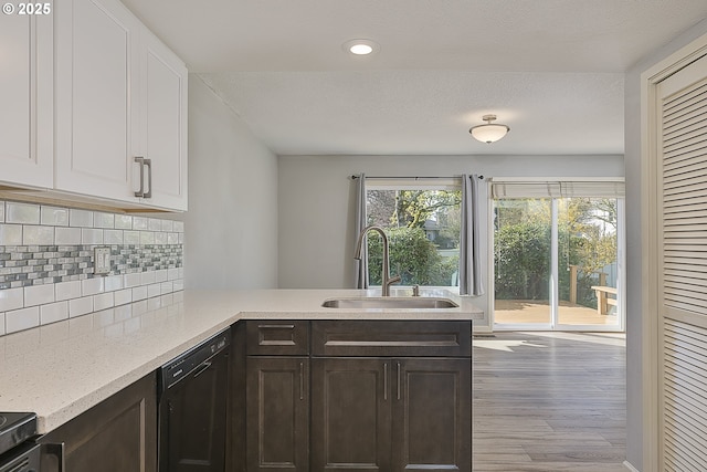 kitchen featuring light wood-style floors, tasteful backsplash, white cabinets, dishwasher, and a sink