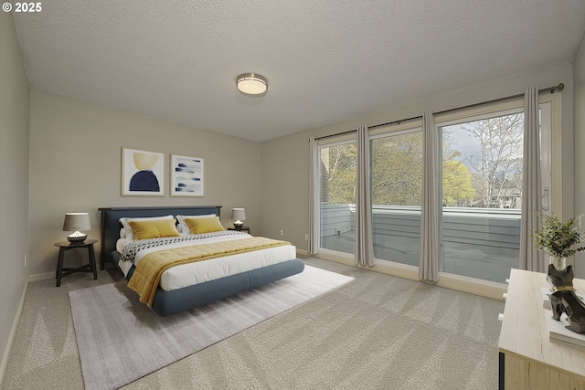 bedroom featuring a textured ceiling, access to exterior, light colored carpet, and baseboards