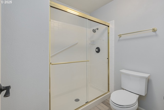 full bath featuring toilet and a shower stall