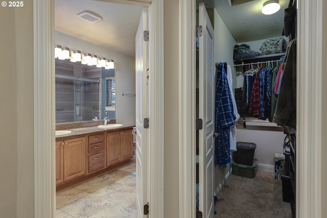 full bath featuring a stall shower, a sink, a textured ceiling, double vanity, and a spacious closet