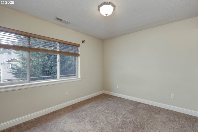 spare room with baseboards, carpet, and a textured ceiling