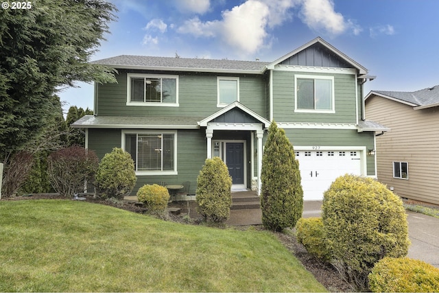 craftsman inspired home featuring board and batten siding, a front lawn, a garage, and a shingled roof