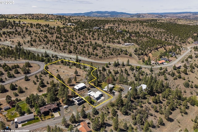 204 Adam Dr, Canyon City, OR 97820 - aerial view of property and surrounding area with property parcel outlined, a desert landscape, and mountains