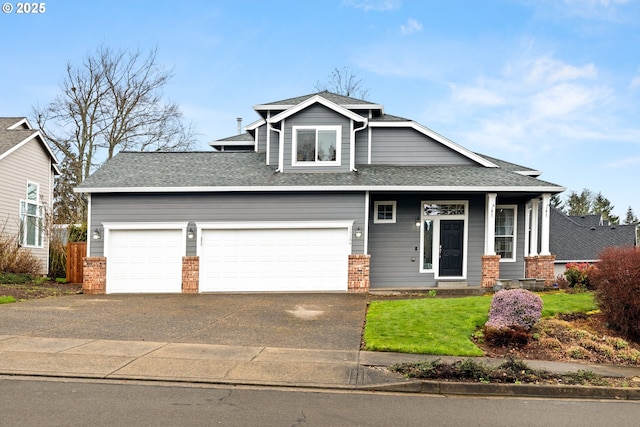 view of front facade featuring concrete driveway, brick siding, and roof with shingles