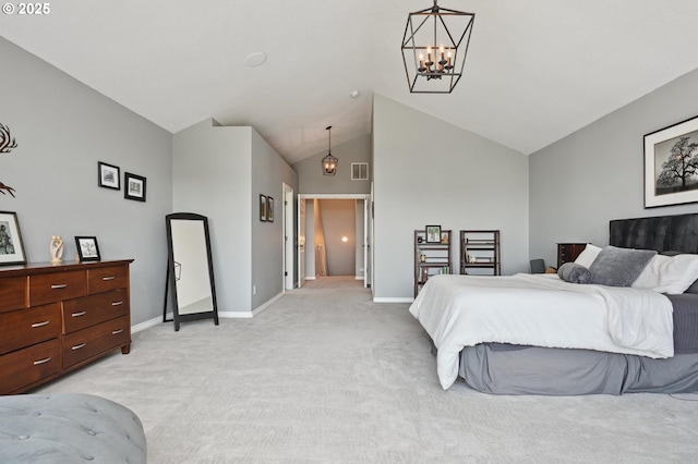 bedroom featuring light colored carpet, a chandelier, baseboards, and high vaulted ceiling