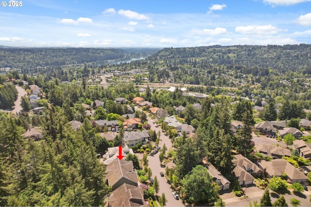 aerial view of residential area with a heavily wooded area