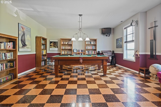 game room with baseboards, billiards, and dark flooring