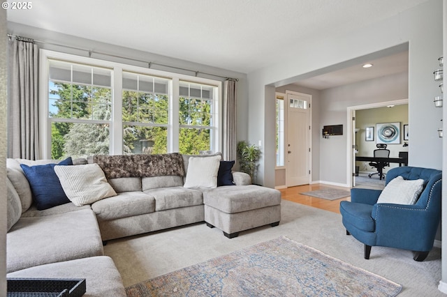 living area featuring recessed lighting, baseboards, and wood finished floors