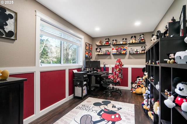 home office featuring dark hardwood / wood-style floors