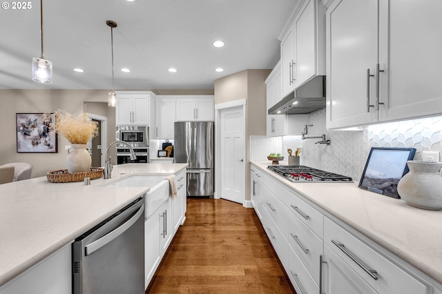 kitchen with stainless steel appliances, light countertops, backsplash, a sink, and under cabinet range hood