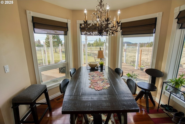 dining room with wood finished floors, a healthy amount of sunlight, baseboards, and a notable chandelier