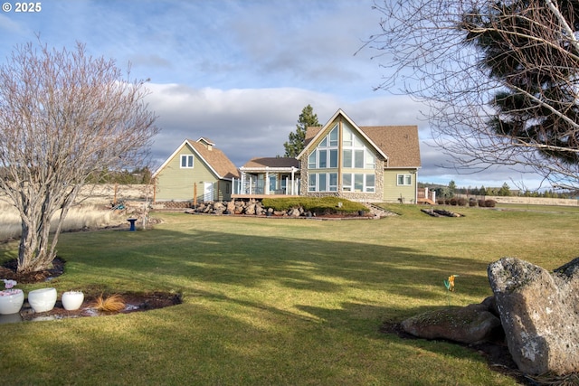 exterior space featuring a lawn and a chimney